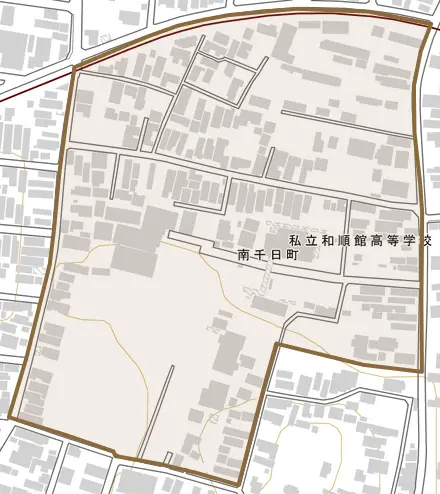 南千日町とその周辺の地図。町の範囲を重ねている