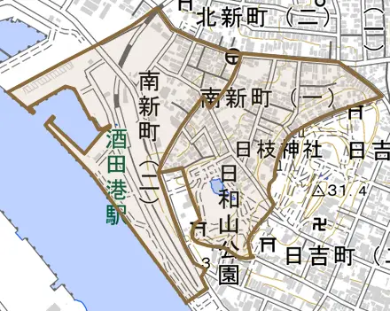 南新町とその周辺の地図。町の範囲を重ねている
