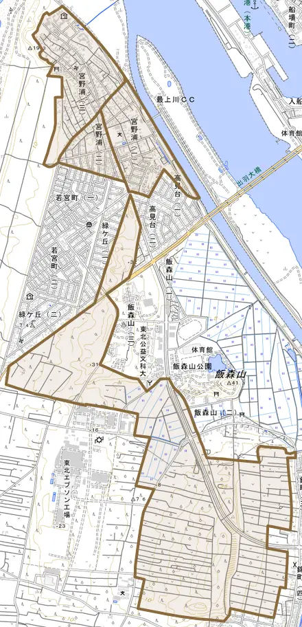 宮野浦とその周辺の地図。町の範囲を重ねている