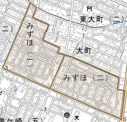 みずほとその周辺の地図。町の範囲を重ねている