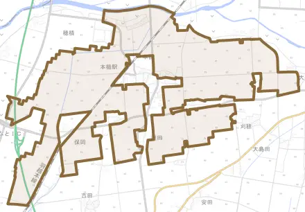 本楯とその周辺の地図。町の範囲を重ねている