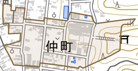 字仲町とその周辺の地図。町の範囲を重ねている