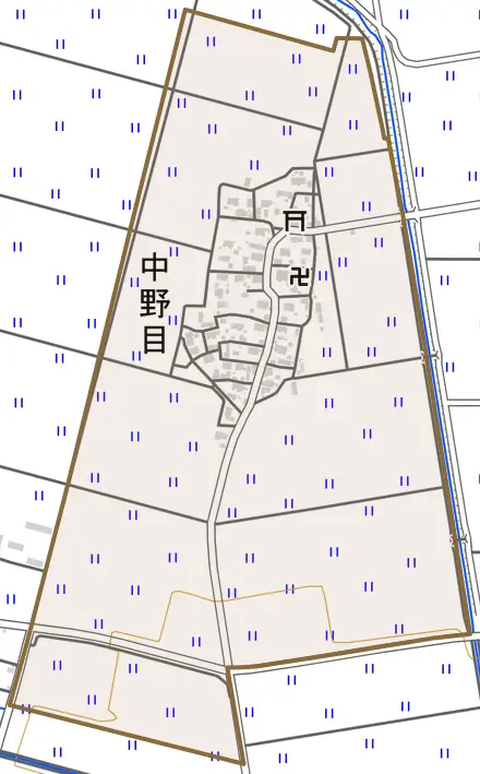 中野目とその周辺の地図。町の範囲を重ねている