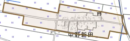 中野新田とその周辺の地図。町の範囲を重ねている