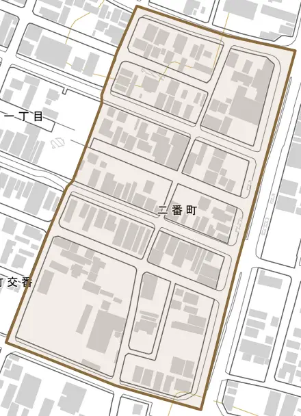 二番町とその周辺の地図。町の範囲を重ねている