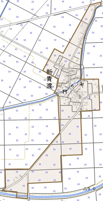 新青渡とその周辺の地図。町の範囲を重ねている