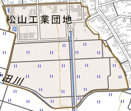 字西田とその周辺の地図。町の範囲を重ねている