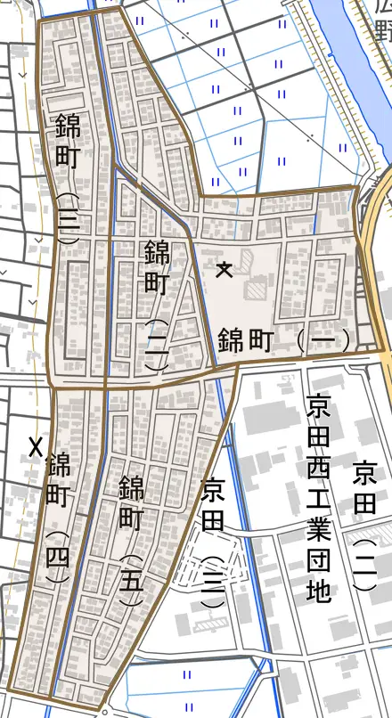 錦町とその周辺の地図。町の範囲を重ねている