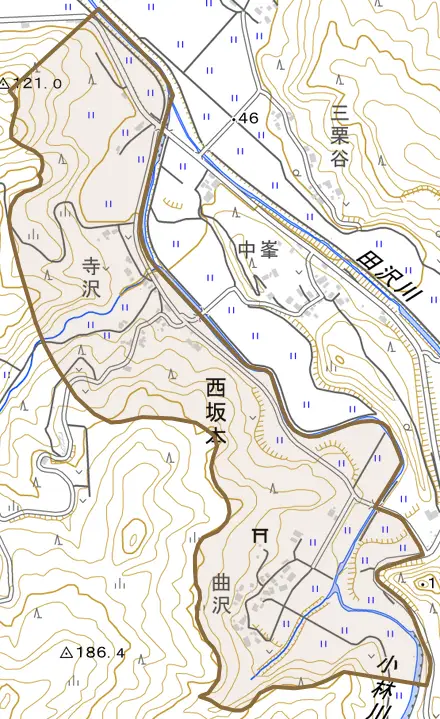 西坂本とその周辺の地図。町の範囲を重ねている