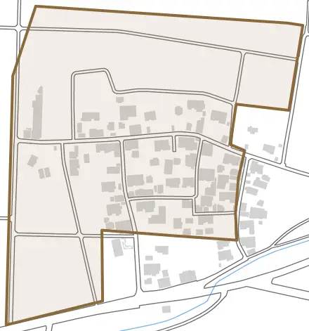 布目とその周辺の地図。町の範囲を重ねている