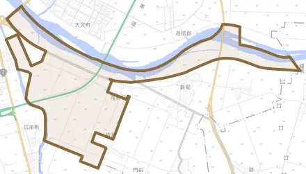 落野目とその周辺の地図。町の範囲を重ねている