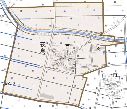 荻島とその周辺の地図。町の範囲を重ねている