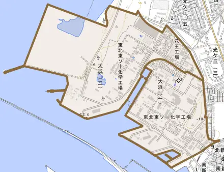 大浜とその周辺の地図。町の範囲を重ねている