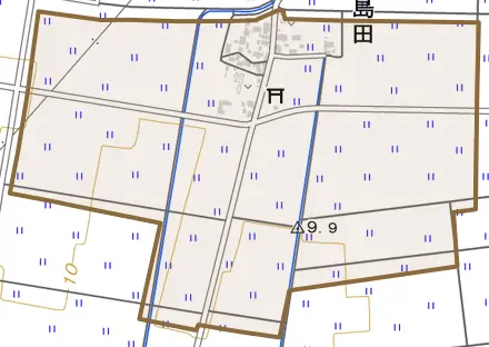 岡島田とその周辺の地図。町の範囲を重ねている