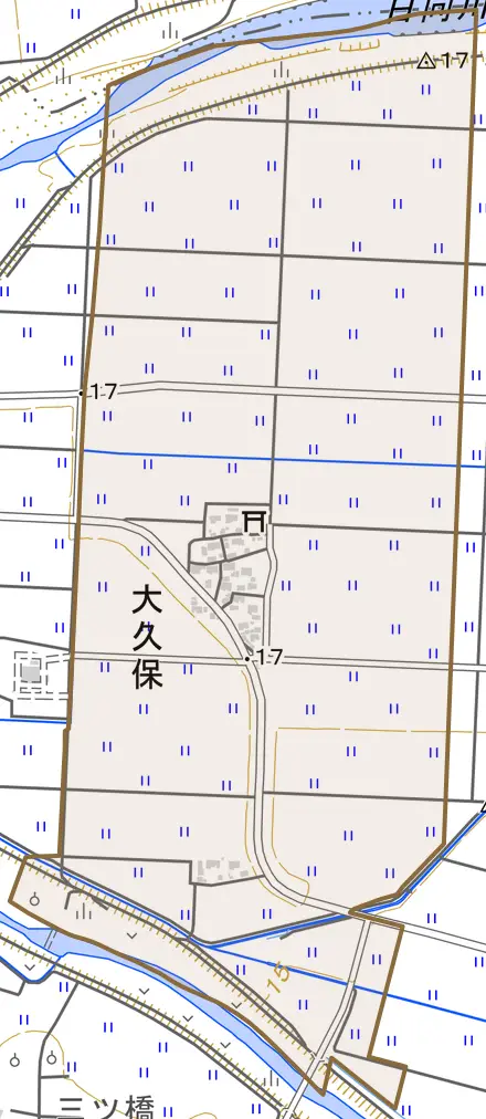 大久保とその周辺の地図。町の範囲を重ねている