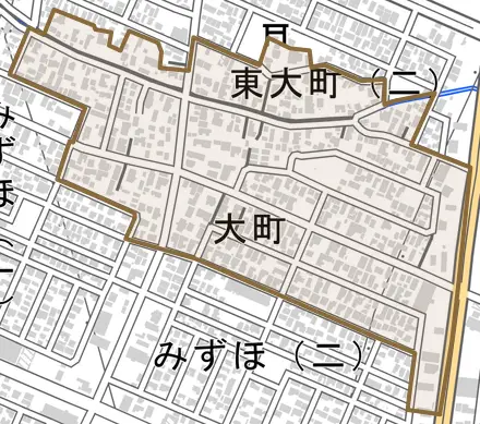 大町とその周辺の地図。町の範囲を重ねている