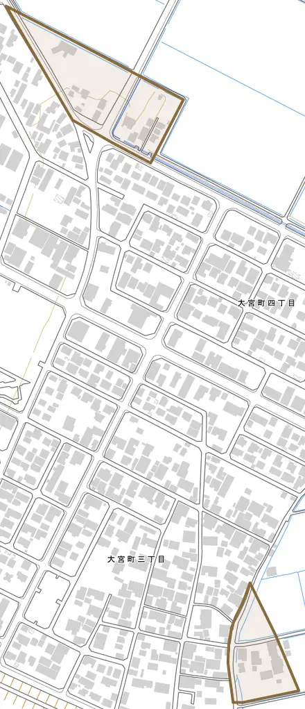 大宮とその周辺の地図。町の範囲を重ねている