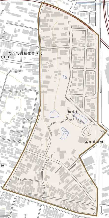御成町とその周辺の地図。町の範囲を重ねている