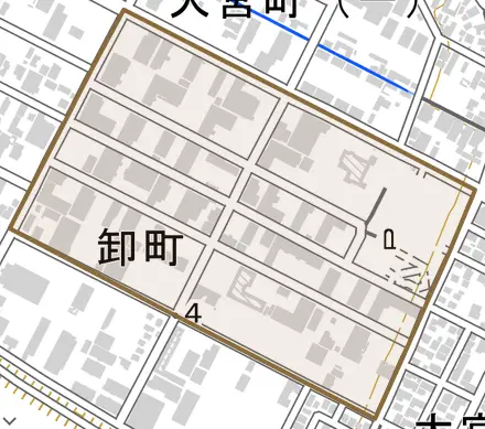 卸町とその周辺の地図。町の範囲を重ねている