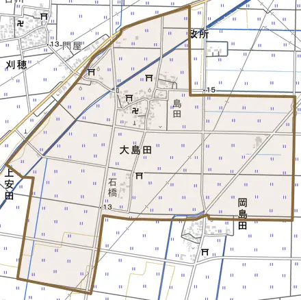 大島田とその周辺の地図。町の範囲を重ねている