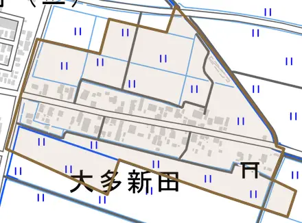 大多新田とその周辺の地図。町の範囲を重ねている