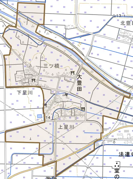 大豊田とその周辺の地図。町の範囲を重ねている