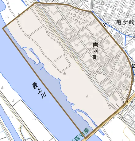 両羽町とその周辺の地図。町の範囲を重ねている
