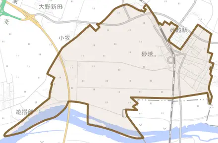 砂越とその周辺の地図。町の範囲を重ねている