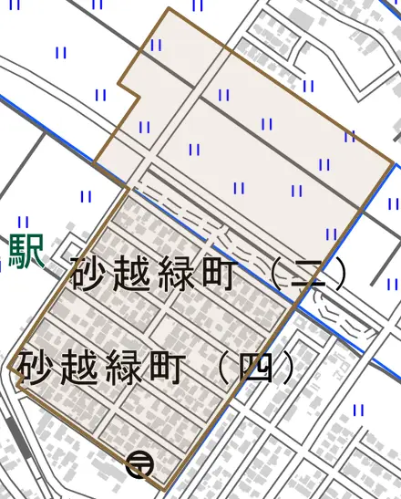砂越緑町とその周辺の地図。町の範囲を重ねている