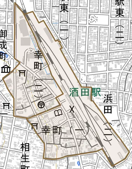 幸町とその周辺の地図。町の範囲を重ねている