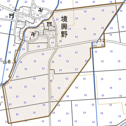 境興野とその周辺の地図。町の範囲を重ねている