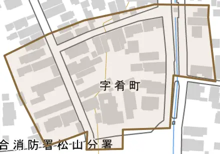 字肴町とその周辺の地図。町の範囲を重ねている