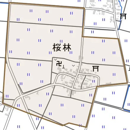 桜林とその周辺の地図。町の範囲を重ねている