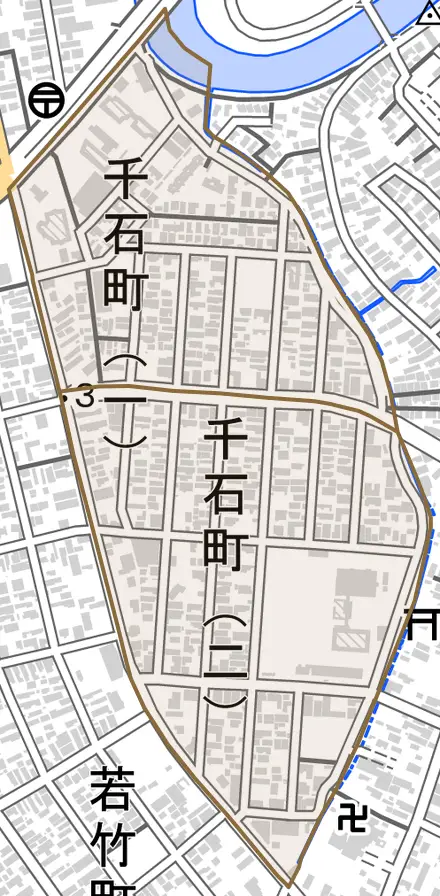 千石町とその周辺の地図。町の範囲を重ねている