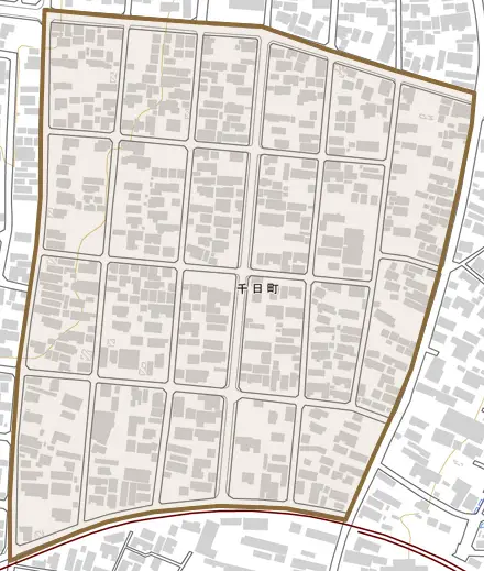 千日町とその周辺の地図。町の範囲を重ねている