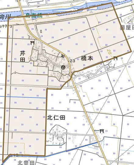 芹田とその周辺の地図。町の範囲を重ねている