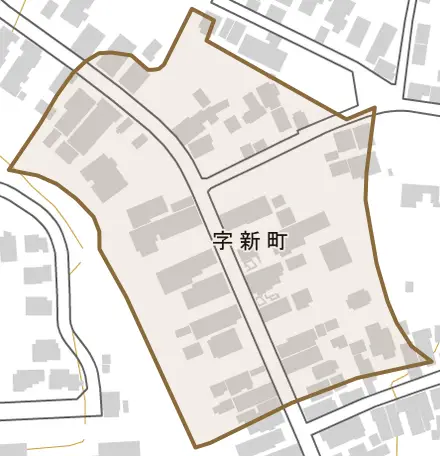 字新町とその周辺の地図。町の範囲を重ねている