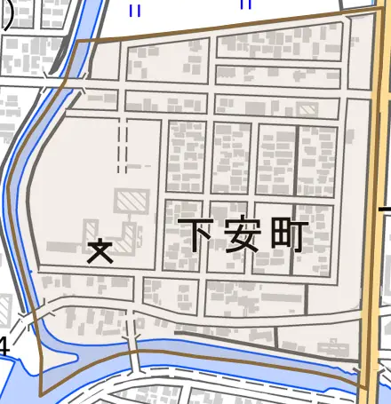 下安町とその周辺の地図。町の範囲を重ねている