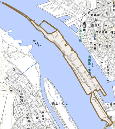 字下瀬とその周辺の地図。町の範囲を重ねている