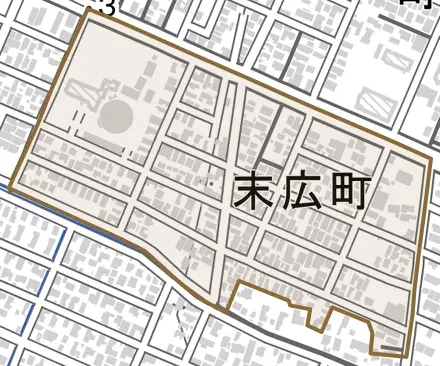 末広町とその周辺の地図。町の範囲を重ねている