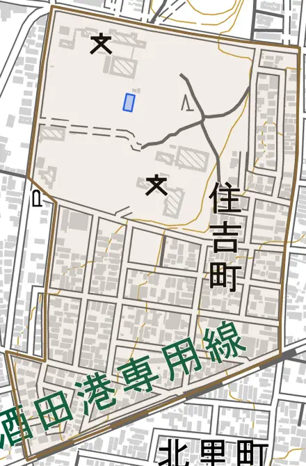 住吉町とその周辺の地図。町の範囲を重ねている