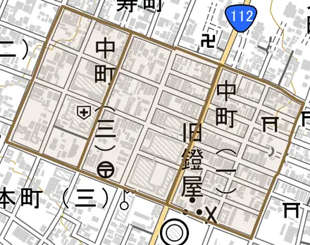 中町とその周辺の地図。町の範囲を重ねている