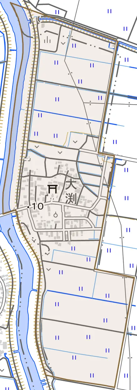 大渕とその周辺の地図。町の範囲を重ねている