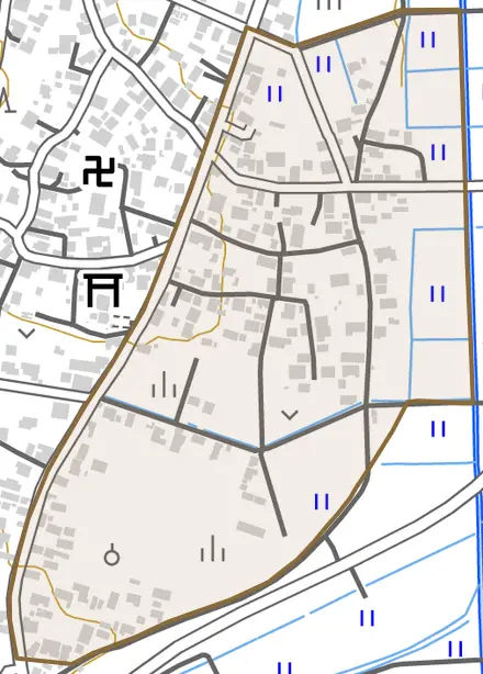 字草刈谷地とその周辺の地図。町の範囲を重ねている