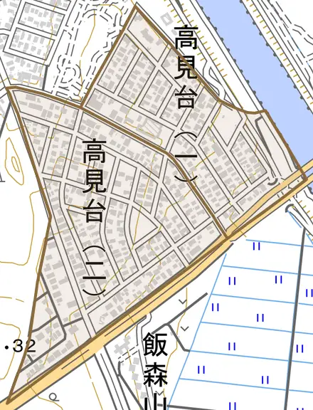 高見台とその周辺の地図。町の範囲を重ねている