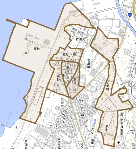高砂とその周辺の地図。町の範囲を重ねている