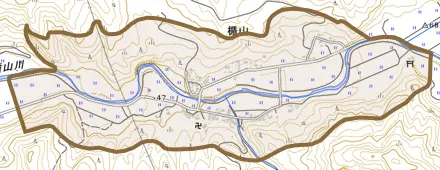 楯山とその周辺の地図。町の範囲を重ねている