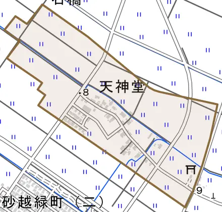 天神堂とその周辺の地図。町の範囲を重ねている
