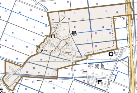 局とその周辺の地図。町の範囲を重ねている