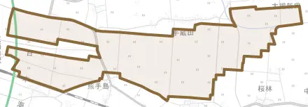 土崎とその周辺の地図。町の範囲を重ねている